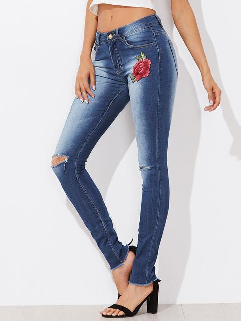 Rose Applique Ripped Fray Hem Jeans