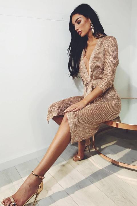 Arabella Rose Gold Metallic Knit Wrap Midi Dress