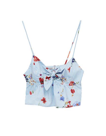 Top Cropped Nodo Stampa A Righe E Fiori