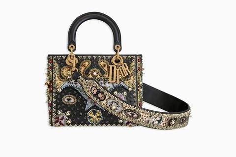 Borsa Lady Dior In Pelle Di Vitello Liscia Nera Ricamata Con Un Cuore Di Perle