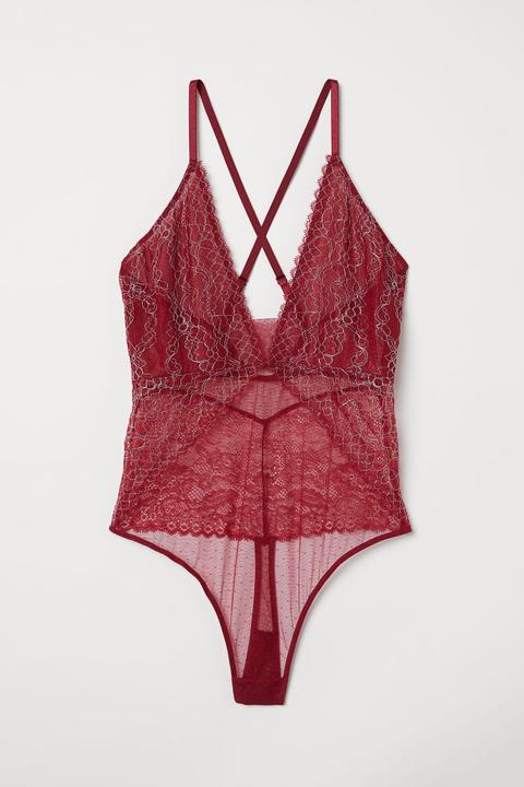 H & M - Body De Encaje Con Tanga - Rojo