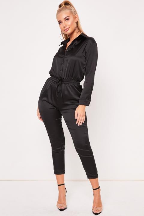 Katy Black Satin Boiler Suit