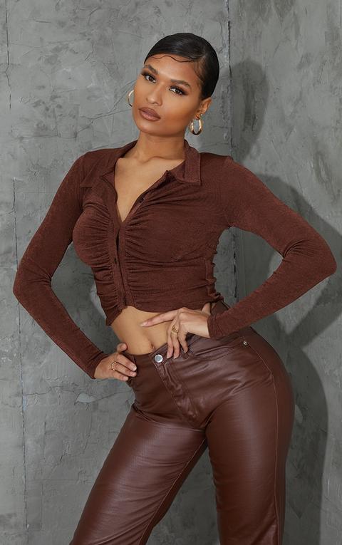Chocolate Acetate Slinky Ruched Front Shirt