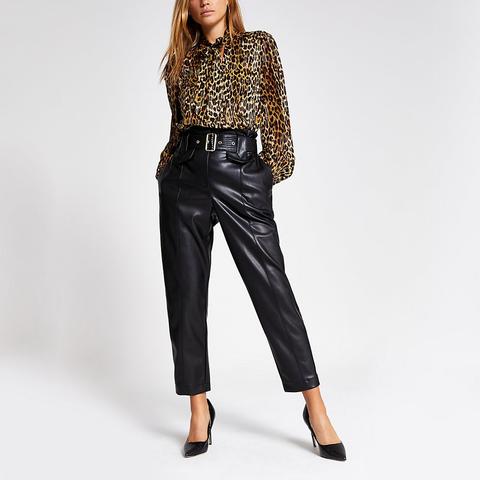 Black Faux Leather High Waist Belted Trousers