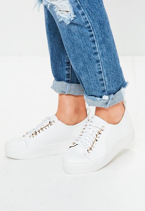 White Chain Lace Up Flatform Trainers