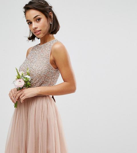 Maya Petite - Vestitino Senza Maniche Con Top In Paillettes E Gonna In Tulle Con Fiocco Sul Retro - Rosa