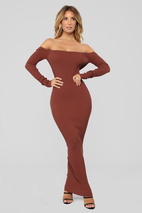 Hang Back With Me Off Shoulder Dress - Chocolate