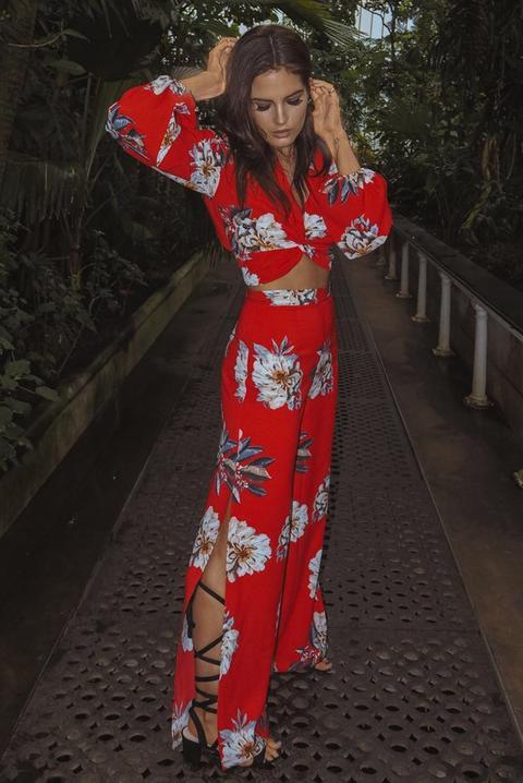 Red Trousers - Binky Red Floral Print Palazzo Trousers