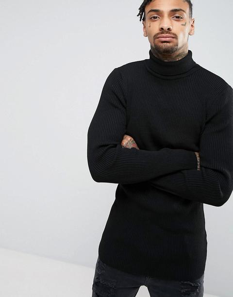 Asos - Modello Lungo E Attillato Nero Con Collo Alto A Coste - Nero
