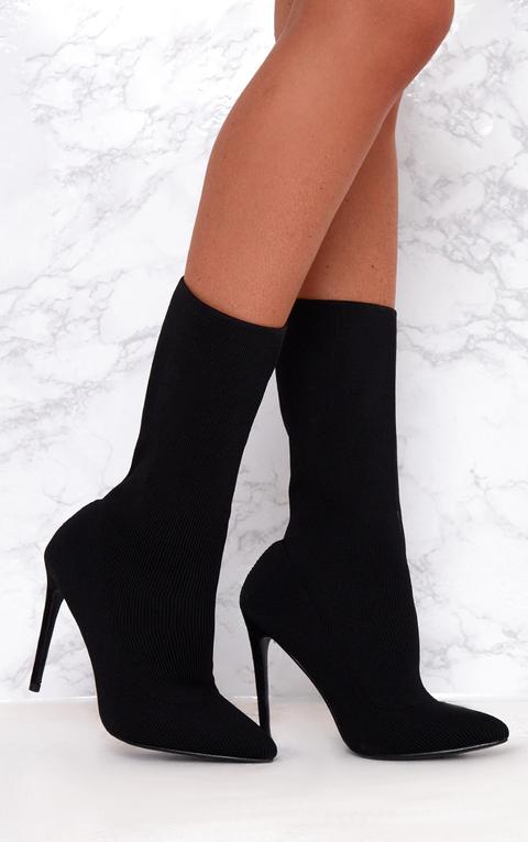 Black Knitted Pointy Sock Boots, Black