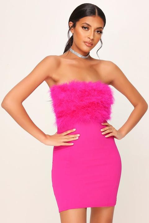 Hot Pink Feather Bandeau Mini Dress 