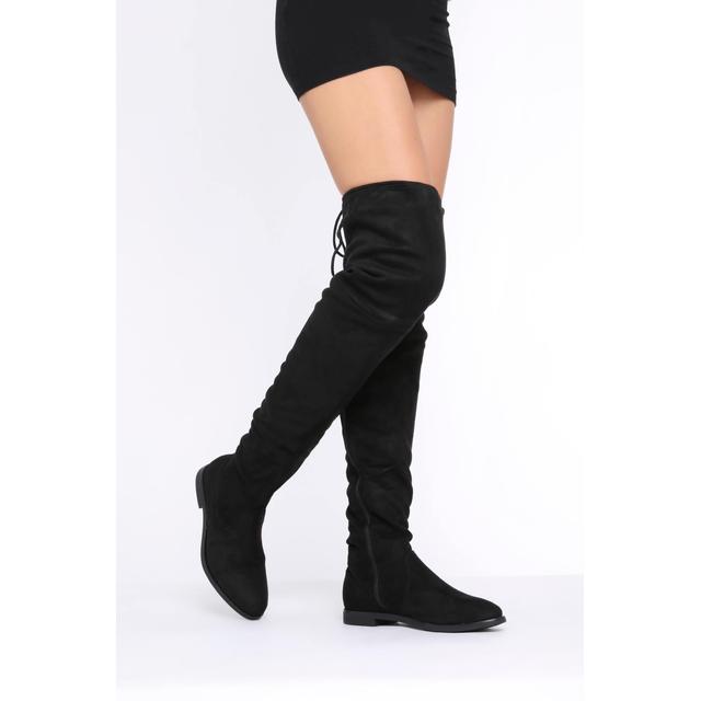 black faux suede thigh high boots