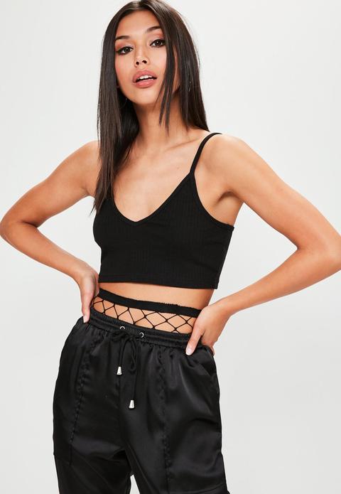 Tall Black Ribbed Cami Crop Top, Black