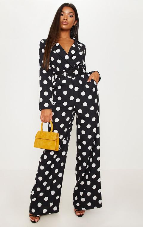 Combinaison Noire Et Blanche À Pois À Jambes Évasées Et Détail Ceinture, Noir & Blanc