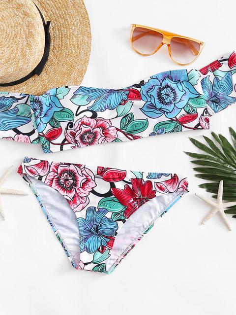 Set De Bikini De Hombros Descubiertos Con Estampado Floral