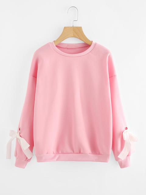 Eyelet Tie Sleeve Sweatshirt