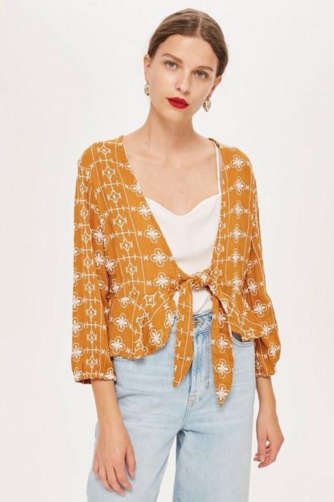 Womens Crinkle Embroidered Top - Mustard, Mustard