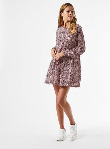 Womens Red Floral Print Smock Mini Dress, Burgundy