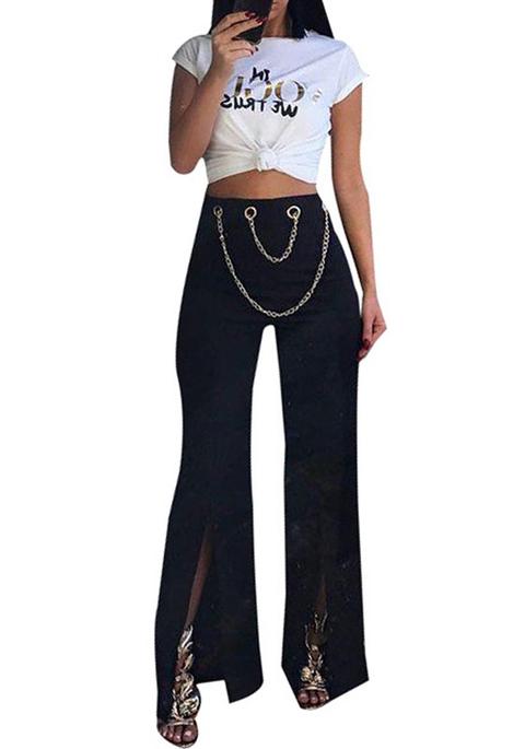 Pantaloni A Vita Alta Fessura Davanti Catena Moda Flare Nero