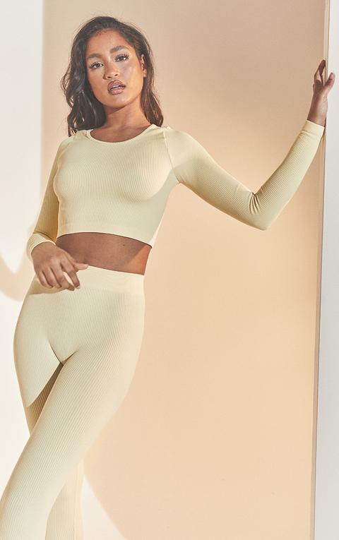 Cream Structured Contour Ribbed Round Neck Long Sleeve Crop Top