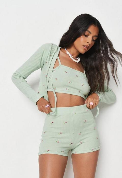 Sage Floral Print Rib Booty Shorts, Green