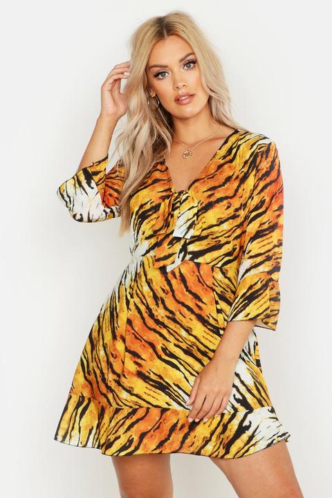 Womens Plus Tiger Skater Dress - Brown - 16