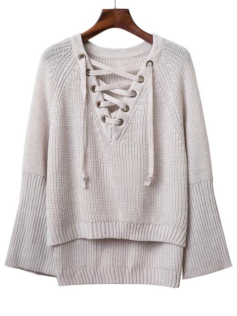 Maglione Scollo V Con Lacci Maniche Raglan - Grigio