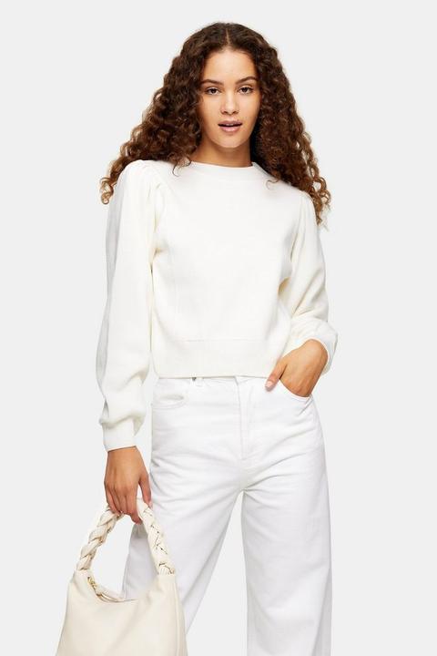 Ivory Exaggerated Sleeve Knitted Sweatshirt Jumper