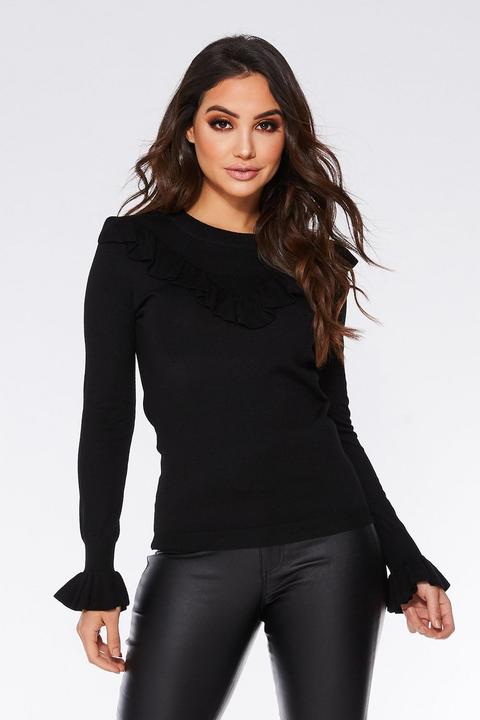 Black Light Knit Frill Long Sleeve Jumper