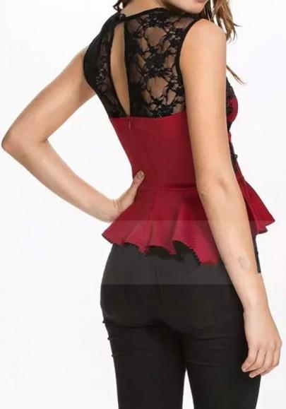 Burgundy Patchwork Lace Cut Out Zipper Buttons Cut Out Backless Blouse