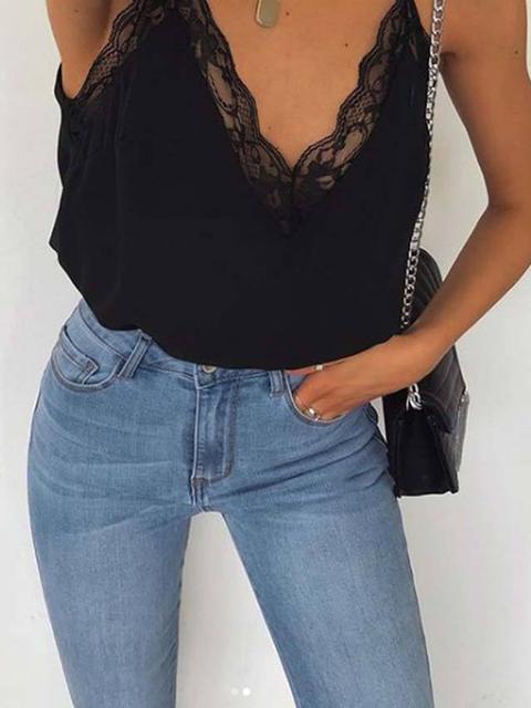 Gilet Cintura In Pizzo Con V-collo Nero