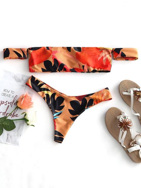 Bikini Stampa Foglia Tropicale Con Spalle Scoperte