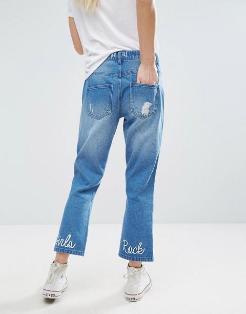 "daisy Street - Jeans Alla Caviglia Effetto Invecchiato Con Scritta "girls Rock" Ricamata" - Blu