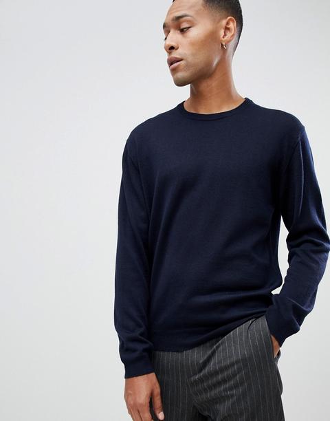 Moss London - Maglione Girocollo In Lana Merino Blu Navy - Blu