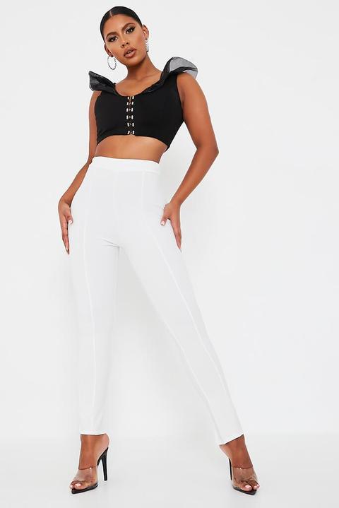 Cream Crepe Seamed Back Hem Split Skinny Trouser , White