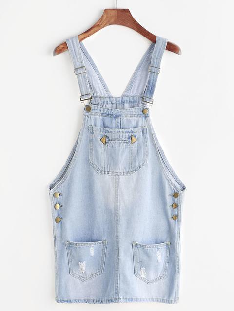 Ripped Bleach Wash Denim Overall Dress