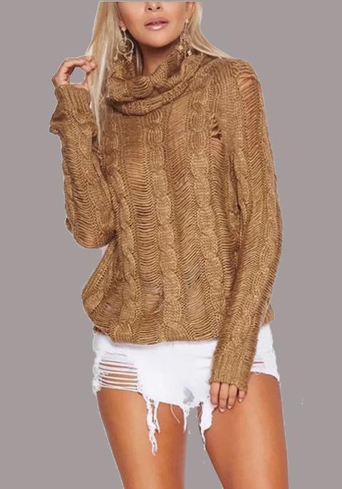 Brown Braid Cut Out High Neck Long Sleeve Casual Pullovers