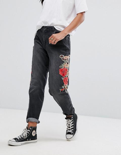 Kubban - Mom Jeans Con Fiori Ricamati Al Lato - Nero