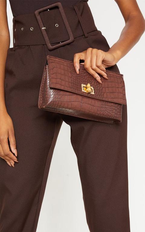 Chocolate Croc Print Pu Bamboo Clutch