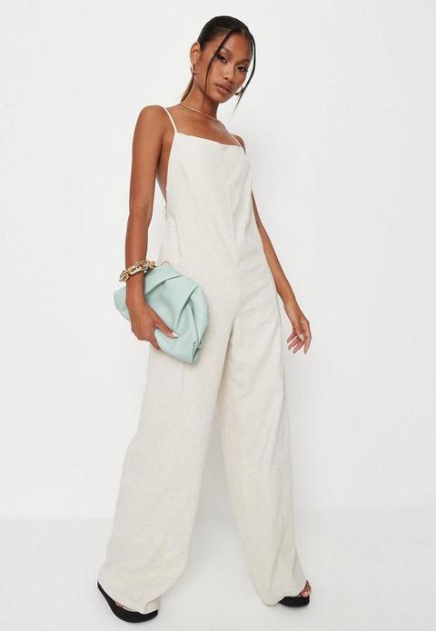 Stone Linen Mix Low Back Strappy Jumpsuit, Stone