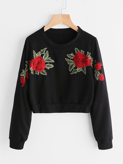 Rose Embroidered Applique Sweatshirt