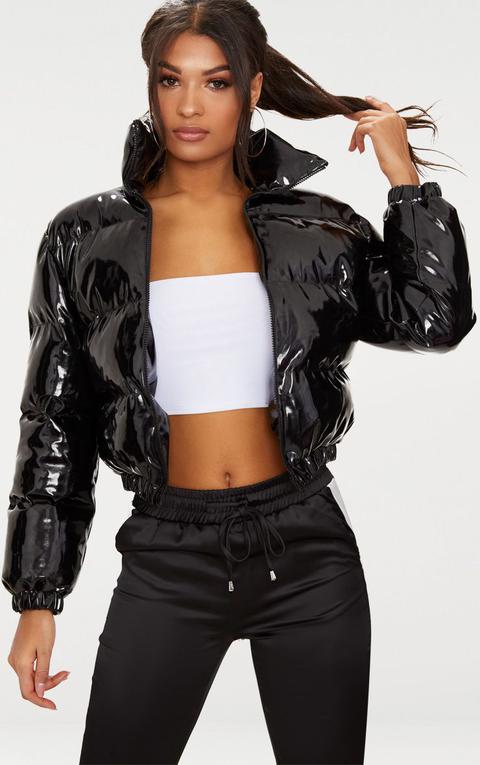 Black Cropped Vinyl Puffer Jacket, Black