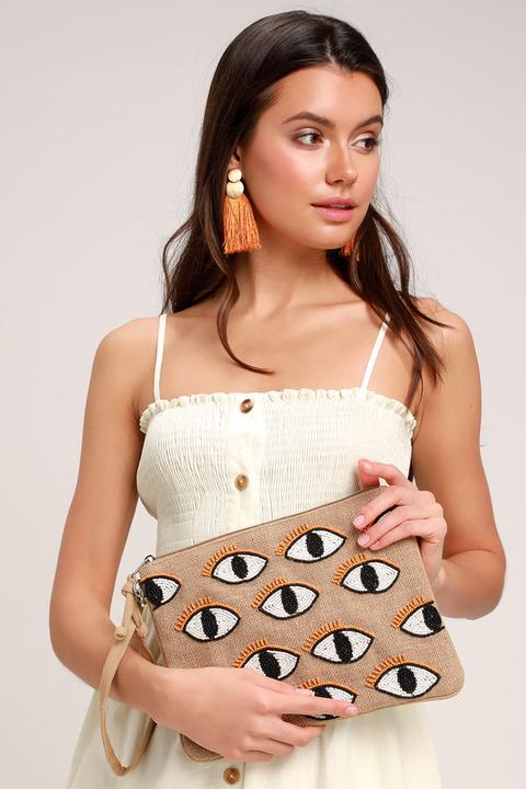 Eye See You Beige Beaded Woven Clutch - Lulus