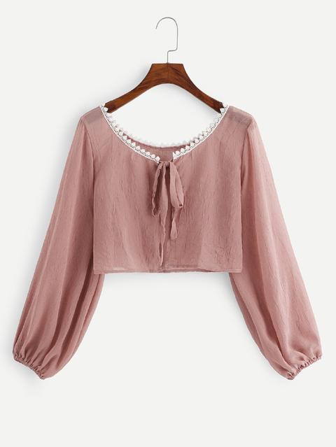 Lace Trim Tie Neck Blouse