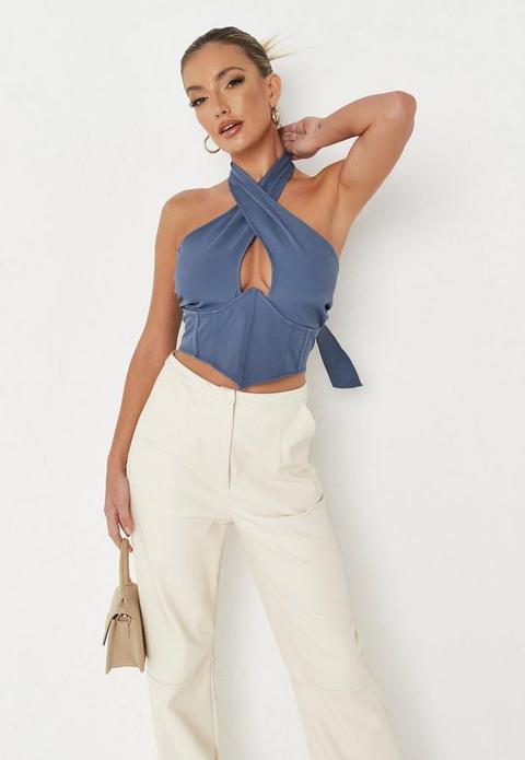 Blue Co Ord Wrap Halterneck Corset Crop Top, Blue