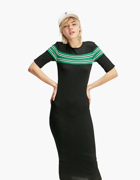 Vestito Midi A Costine E Righe Verde Smeraldo