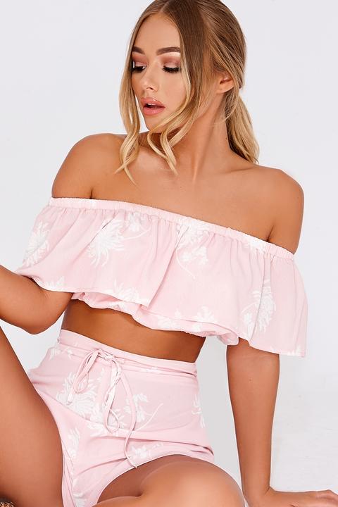 Pink Tops - Billie Faiers Pink Floral Bardot Crop Top