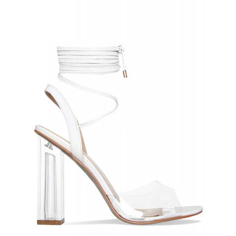 Stefney White Patent Lace Up Clear Heels