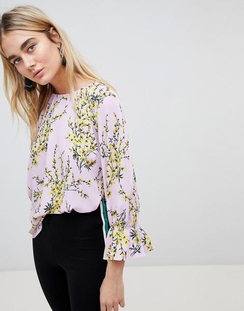 Warehouse - Blusa A Fiori Con Maniche Svasate - Viola