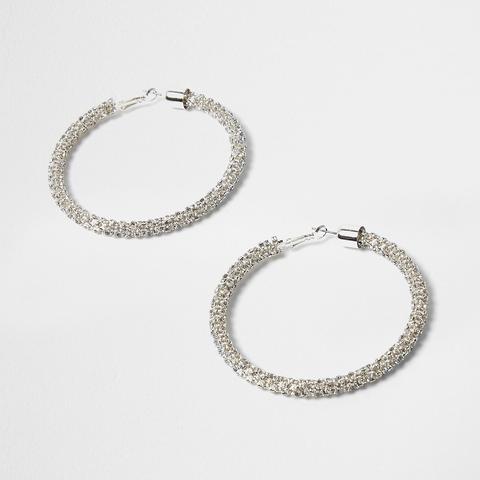 Silver Tone Diamante Rope Hoop Earrings